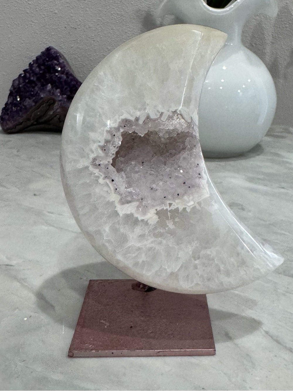 BEAUTIFUL LAVENDER DRUZY CRYSTAL MOON ON STAND